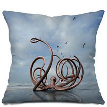 Rendering Of A Monster Octopus Crawling Out Of The Ocean Onto A Washington Coast Beach. Pillows 98857070