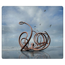 Rendering Of A Monster Octopus Crawling Out Of The Ocean Onto A Washington Coast Beach. Rugs 98857070