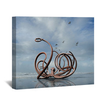 Rendering Of A Monster Octopus Crawling Out Of The Ocean Onto A Washington Coast Beach. Wall Art 98857070