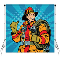 Rescue Firefighter In Safe Helmet And Uniform Pop Art Backdrops 113972208