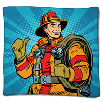 Rescue Firefighter In Safe Helmet And Uniform Pop Art Blankets 113972208