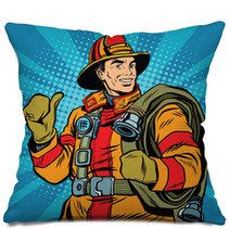Rescue Firefighter In Safe Helmet And Uniform Pop Art Pillows 113972208