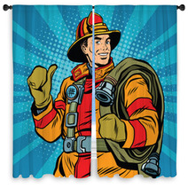 Rescue Firefighter In Safe Helmet And Uniform Pop Art Window Curtains 113972208