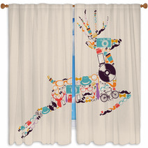 Retro Hipsters Icons Reindeer. Window Curtains 55225581