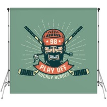 Retro Playoff Logo With Bearded Hockey Player Crossed Sticks And Sunburst Worn Texture On A Separate Layer And Can Be Easily Disabled Backdrops 159914890