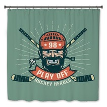 Retro Playoff Logo With Bearded Hockey Player Crossed Sticks And Sunburst Worn Texture On A Separate Layer And Can Be Easily Disabled Bath Decor 159914890