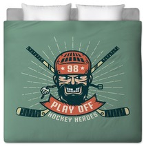 Retro Playoff Logo With Bearded Hockey Player Crossed Sticks And Sunburst Worn Texture On A Separate Layer And Can Be Easily Disabled Bedding 159914890
