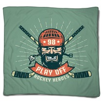 Retro Playoff Logo With Bearded Hockey Player Crossed Sticks And Sunburst Worn Texture On A Separate Layer And Can Be Easily Disabled Blankets 159914890