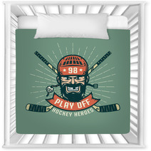 Retro Playoff Logo With Bearded Hockey Player Crossed Sticks And Sunburst Worn Texture On A Separate Layer And Can Be Easily Disabled Nursery Decor 159914890