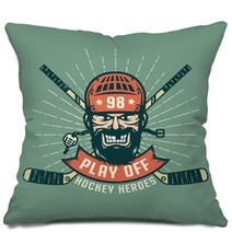 Retro Playoff Logo With Bearded Hockey Player Crossed Sticks And Sunburst Worn Texture On A Separate Layer And Can Be Easily Disabled Pillows 159914890