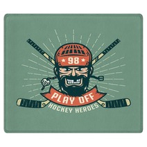 Retro Playoff Logo With Bearded Hockey Player Crossed Sticks And Sunburst Worn Texture On A Separate Layer And Can Be Easily Disabled Rugs 159914890