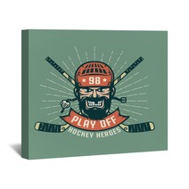 Retro Playoff Logo With Bearded Hockey Player Crossed Sticks And Sunburst Worn Texture On A Separate Layer And Can Be Easily Disabled Wall Art 159914890