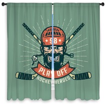 Retro Playoff Logo With Bearded Hockey Player Crossed Sticks And Sunburst Worn Texture On A Separate Layer And Can Be Easily Disabled Window Curtains 159914890