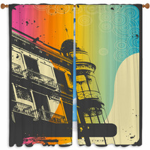 Retro Romantic Urban Background With Rainbow Flow Window Curtains 10305338