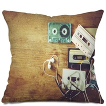 Retro Technology Of Cassette Recorder Music With Retro Tape Cassette On Wood Table Vintage Color Effect Styles Pillows 190726472