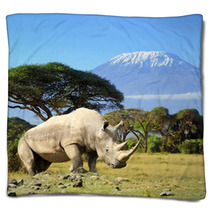 Rhino In Front Of Kilimanjaro Mountain Blankets 64545779