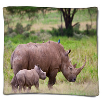 Rhinoceros With Her Baby, Lake Nakuru, Kenya Blankets 46854381