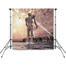 Robot Gigante Llegando Por El Mar A Una Ciudad Backdrops 66093620