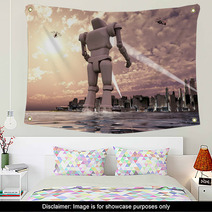 Robot Gigante Llegando Por El Mar A Una Ciudad Wall Art 66093620