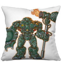 Robot Warrior W/ Shield And Hammer Vector Illustration Pillows 56722957