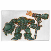 Robot Warrior W/ Shield And Hammer Vector Illustration Rugs 56722957