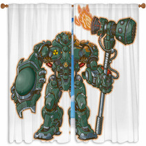 Robot Warrior W/ Shield And Hammer Vector Illustration Window Curtains 56722957