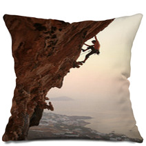 Rock Climber At Sunset, Kalymnos Island, Greece Pillows 46068893