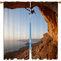 Rock Climber At Sunset, Kalymnos Island, Greece Window Curtains 45663312