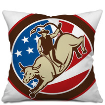 Rodeo Cowboy Bull Riding With American Flag Pillows 24584290