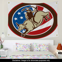 Rodeo Cowboy Bull Riding With American Flag Wall Art 24584290