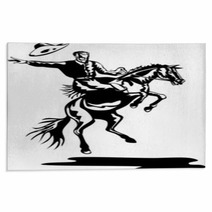 Rodeo Cowboy Riding A Bucking Bronco Rugs 5343986