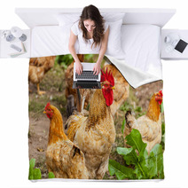 Rooster And Hen In The Village, Rooster Live Yard Poultry Blankets 81612188