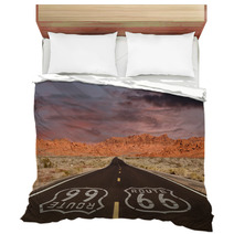Route 66 Pavement Sign With Red Rock Mountain Sunset Bedding 66687644