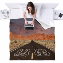 Route 66 Pavement Sign With Red Rock Mountain Sunset Blankets 66687644