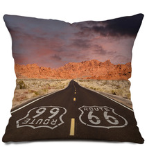 Route 66 Pavement Sign With Red Rock Mountain Sunset Pillows 66687644
