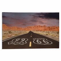 Route 66 Pavement Sign With Red Rock Mountain Sunset Rugs 66687644