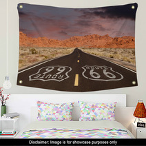Route 66 Pavement Sign With Red Rock Mountain Sunset Wall Art 66687644
