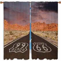 Route 66 Pavement Sign With Red Rock Mountain Sunset Window Curtains 66687644
