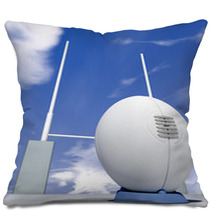 Rugby Ball Closeup Infront Of Posts Pillows 50710908