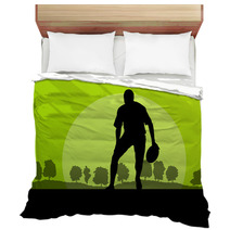 Rugby Playing Man Silhouette In Countryside Nature Background Il Bedding 66430735