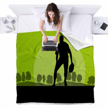 Rugby Playing Man Silhouette In Countryside Nature Background Il Blankets 66430735