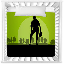 Rugby Playing Man Silhouette In Countryside Nature Background Il Nursery Decor 66430735