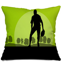 Rugby Playing Man Silhouette In Countryside Nature Background Il Pillows 66430735