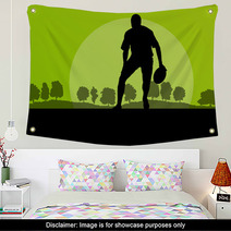 Rugby Playing Man Silhouette In Countryside Nature Background Il Wall Art 66430735