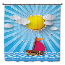 Sailing Boat And Clouds With Sun Beam. Bath Decor 72363487