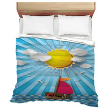 Sailing Boat And Clouds With Sun Beam. Bedding 72363487