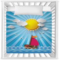 Sailing Boat And Clouds With Sun Beam. Nursery Decor 72363487