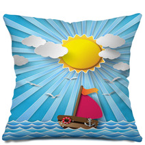 Sailing Boat And Clouds With Sun Beam. Pillows 72363487