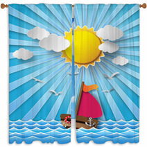 Sailing Boat And Clouds With Sun Beam. Window Curtains 72363487