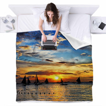 Sailing On Sunset. Boracay Island,Philippines Blankets 47728573